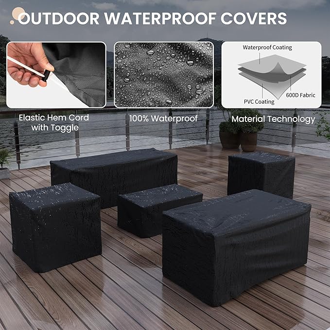 Patio Furniture Set,5 Piece Wide Armrest Outdoor Furniture Chair with 4" Thickened Cushion,Wicker Patio Conversation Sets with Waterproof Covers for Backyard, Porch(Navy Blue)