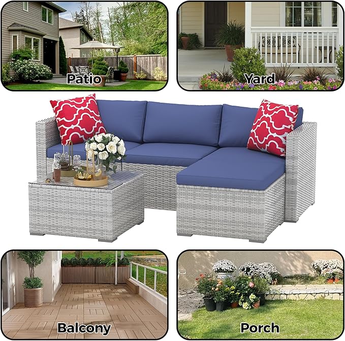 Garvee 5 Pieces Patio Furniture Set, Outdoor Glass Table and Cushions with Rattan Wicker Chairs, Patio Furniture Set for Porch, Balcony, Backyard, Garden, Gray & Blue