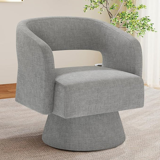 Nebuaegis Swivel Accent Chair, Modern Comfy Chenille Barrel Chairs, Oversized Upholstered Round Arm Chair for Living Room, Bedroom, Reading Room, Grey, 1 PCS