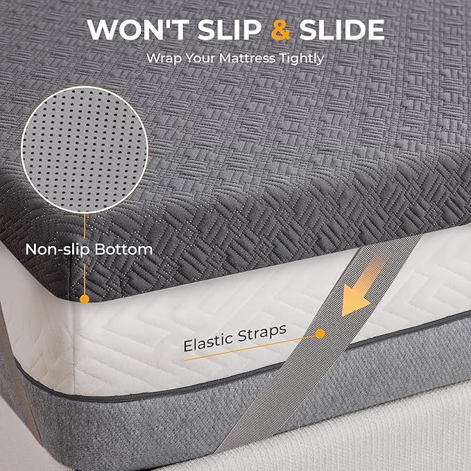 BDEUS 3 Inch Mattress Topper Queen Size, Soft Memory Foam for Back Pain Relief, Breathable Bed Topper with Dark Grey Cover, CertiPUR-US Certified