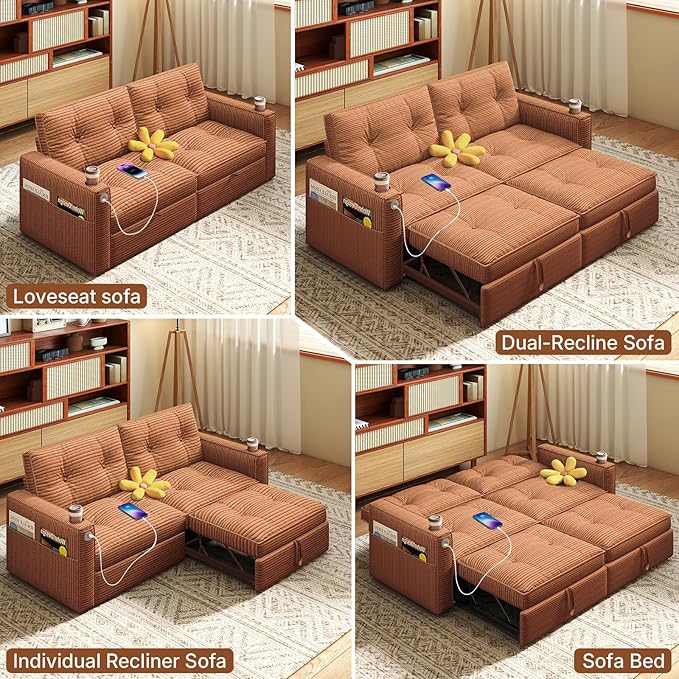 Rovibek 73.2" Convertible Sofa Bed, Pull Out Couch with USB Charging Port & Cup Holders, Adjustable Backrest, Side Pockets, Modern Corduroy Sleeper Sofa for Living Room, Bedroom, Apartment, Orange