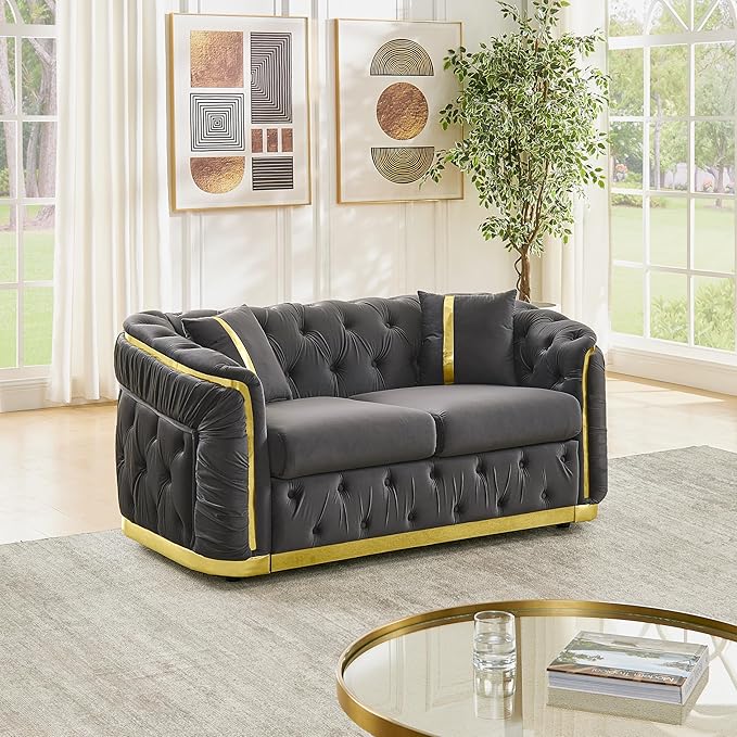 KEIKI 63" Luxury Oversized Velvet Chesterfield Sofa with 2 Pillow & Gold Stainless Decoration, Italian Modern Style 2-Seater Button Tufted Couch with Rolled Arms, Easy Assembly, for Living Room, Gray
