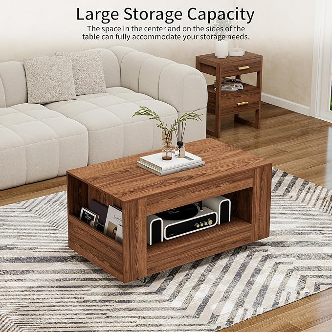 39" Wood Coffee Table for Living Room, Sides Storage with Transparent Legs, Minimalist Farmhouse 2-Tier Storage Shelf Center Table for Home Office, Apartment, Walnut