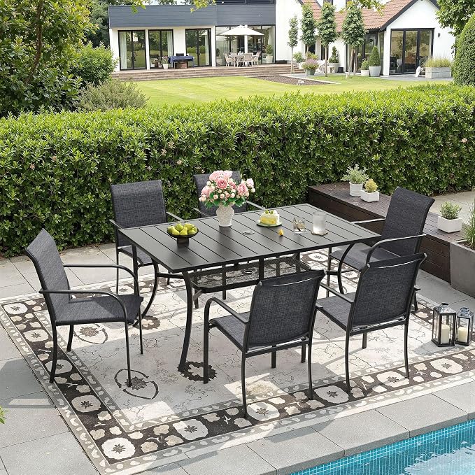 DIFY 7 Pieces Patio Dining Set for 6, Patio Furniture Includes Grey Stackable Sling Outdoor Chairs and 59.2" Rectangle Metal Black Table by DIFY