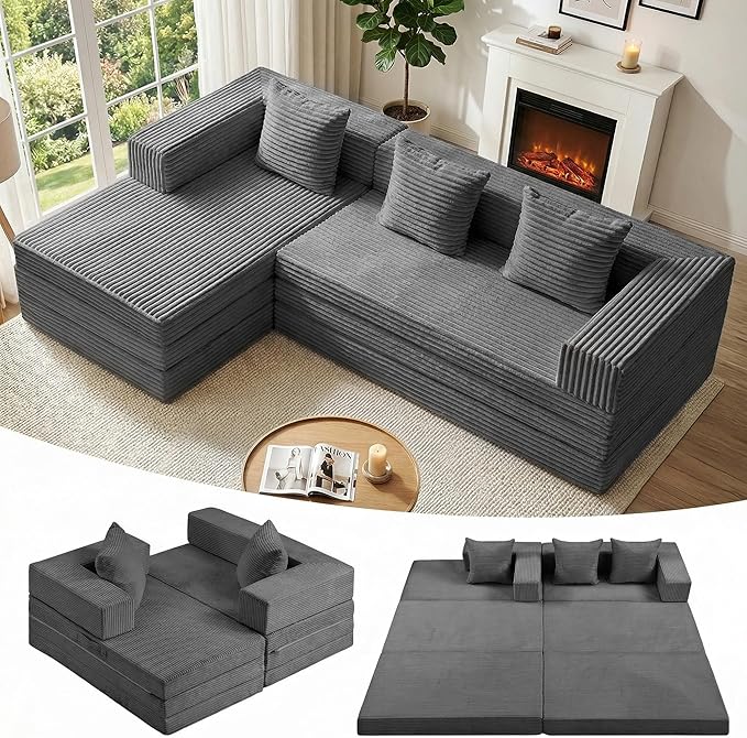 Modular Sectional Sofa, Boneless Convertible Oversized Sleeper Sofa Bed, Modern Tri-Folding Cloud Couch with L-Shape Chaise, Corduroy Futon Couches for Living Room Small Spaces Apartment,No Assembly