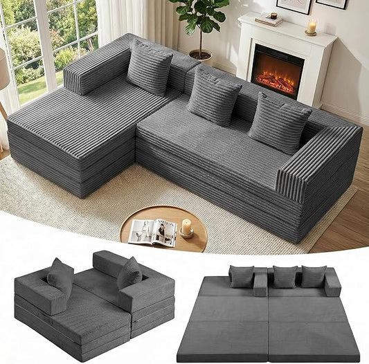Modular Sectional Sofa, Boneless Convertible Oversized Sleeper Sofa Bed, Modern Tri-Folding Cloud Couch with L-Shape Chaise, Corduroy Futon Couches for Living Room Small Spaces Apartment,No Assembly