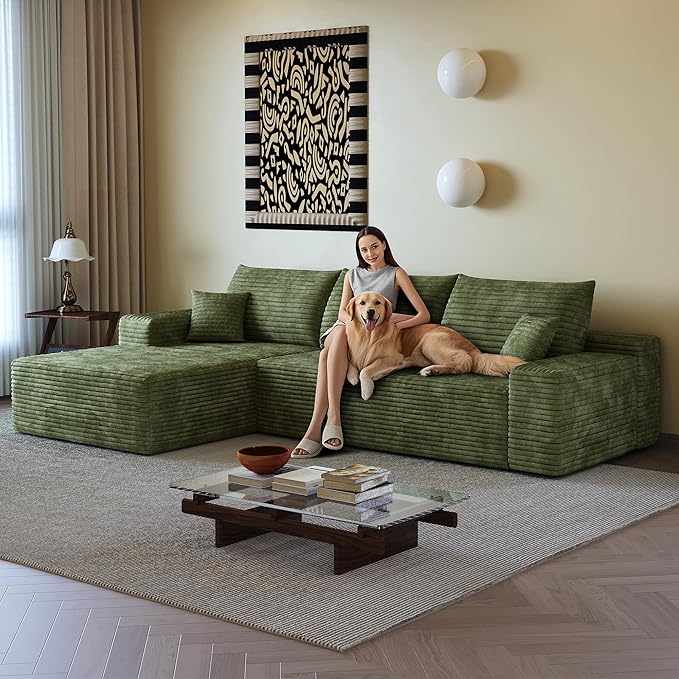 107" Boneless Couch with L Shaped Chaise, Plush Corduroy Sleeper Sectional Sofa, Deep Seat Comfy Couches for Living Room Bedroom, Compressed Foam Cloud Sofas, No Assembly, Left Facing Chaise, Green