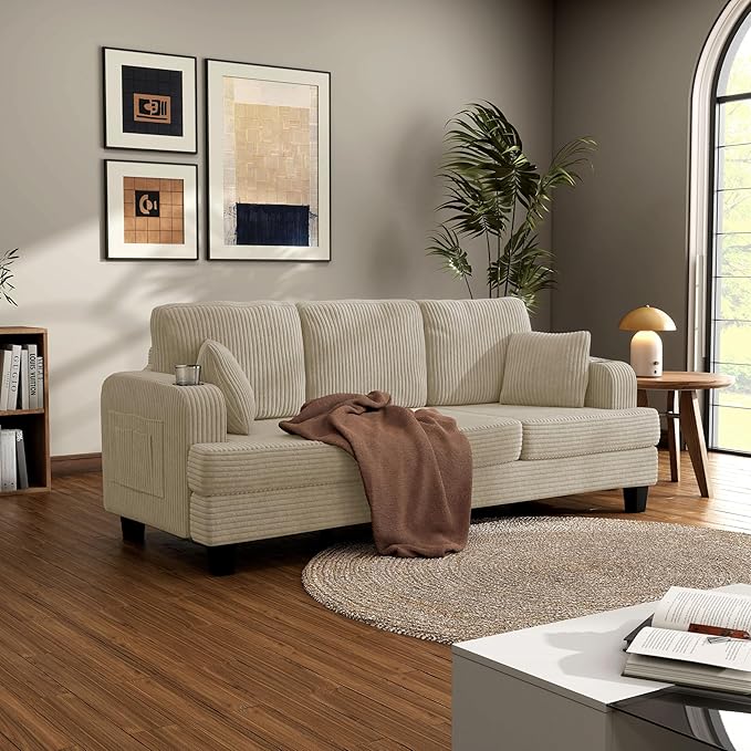 Homes: Inside + Out Reese Modern Plush Chenille Couch with Side Pockets, Cup Holders and USB Ports, Wooden Comfortable Sofa for Living Room, Bedroom and Office, Beige
