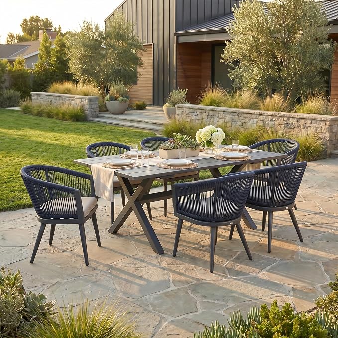 PURPLE LEAF Patio Dining Set for 6 All-Weather Wicker 7 Piece Aluminium Outdoor Table and Chairs Set Included Cushions for Backyard Indoor Decor Kitchen Modern Outdoor Furniture Set Grey and Navy by PURPLELEAF
