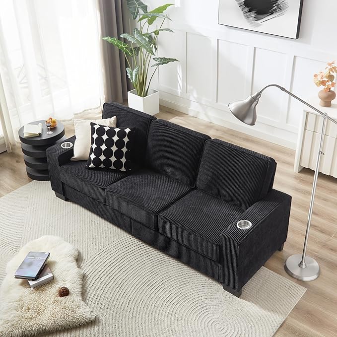 83" Modern Cloud Sofas for Living Room Bedroom, 3 Seat Modular Couch Soft Corduroy Upholstered Loveseat Couches with Cupholders for Home Apartment Office Studio