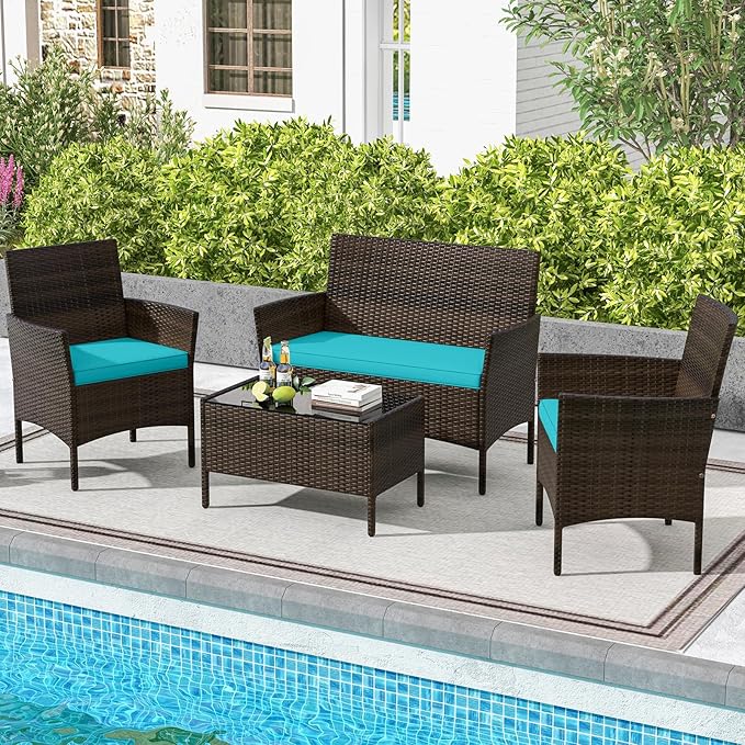 DORTALA Wicker Patio Furniture Set 4 Piece, Outdoor PE Rattan Table & Chairs Set with Tempered Glass Coffee Table, Loveseat, Cushions, Conversation Set for Balcony, Porch, Backyard, Deck, Turquoise