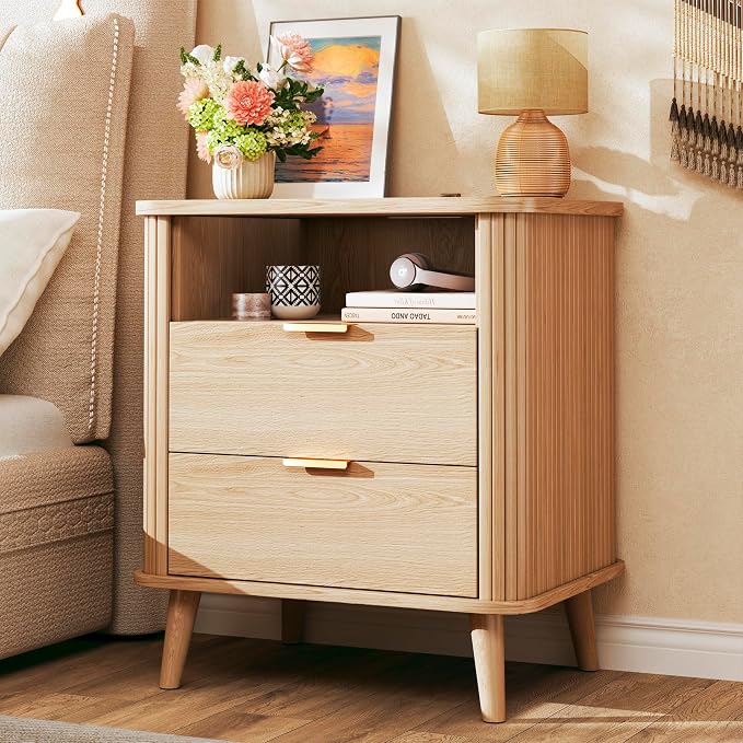 Fluted Nightstand, Night Stand with Charging Station, Mid Century Modern Bedside Table with Drawer & Open Shelf, Curved Profile Design, End Side Table with Storage for Bedroom, Oak by HUAHUU