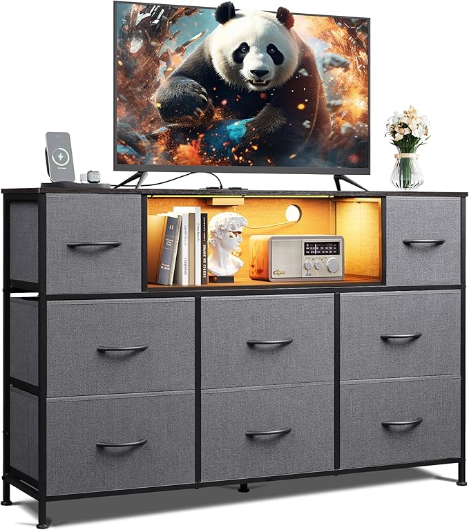 WLIVE Grey Dresser TV Stand for 45, 50, 55 inch TV, Entertainment Center with LED Lights & Charging Station, Chest of Drawers with 8 Fabric Drawers and Open Storage Shelves for Living Room, Hallway by WLIVE