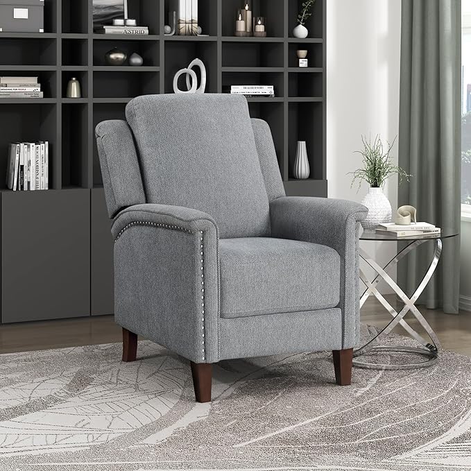 Lexicon Push Back Recliner Chair with Footrest, Reclining Sofa Armchair, Modern Chenille Fabric Recliner with Nailhead Trim for Living Room/Office/Apartment, Gray