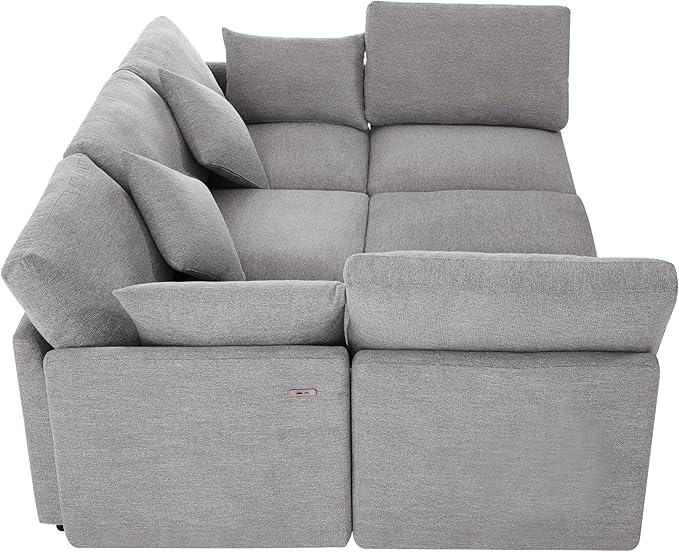 Eafurn 6 Seater Reversible Modular Sectional Sofa Convertible Sleeper Couch Bed, Free Combination Chenille Upholstered Corner Sofa Couches with USB Ports and Detachable Cushions (Light Gray)