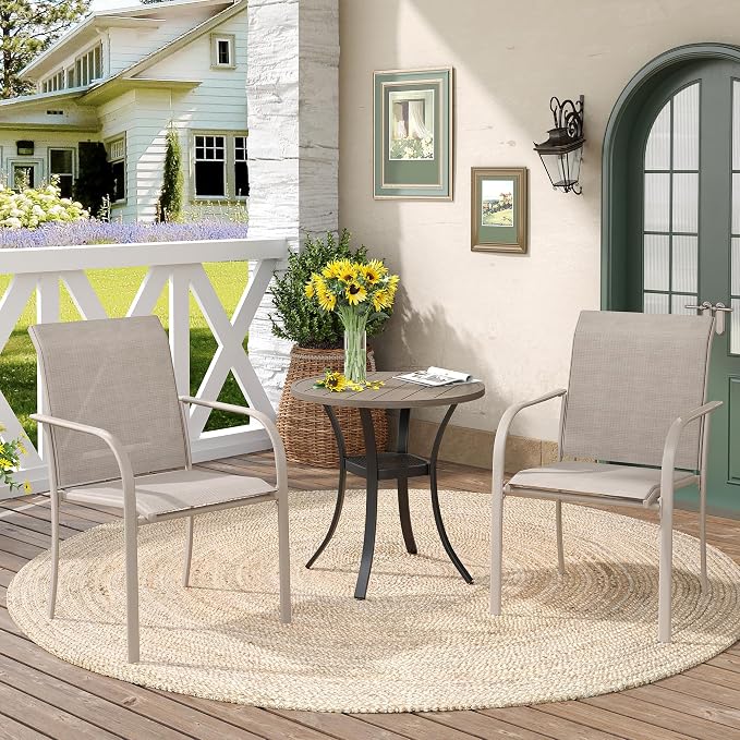 DIFY 3 Piece Outdoor Dining Set for 2, Patio Furniture Set of Grey Wood-Like Small Round Metal Dining Table and 2 Sandshell Textilene Stackable Patio Chairs, for Garden Porch Deck by DIFY