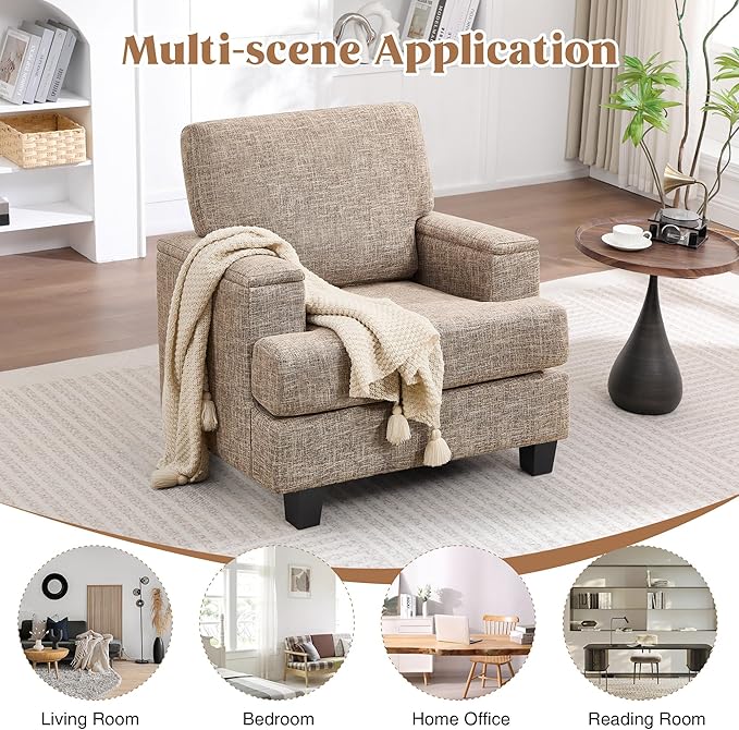 Accent Chair for Living Room, Modern Upholstered Reading Chairs with Armrest Storage, Comfy Large Armchair, Fabric Single Sofa Chair for Bedroom (Yellowish Brown)