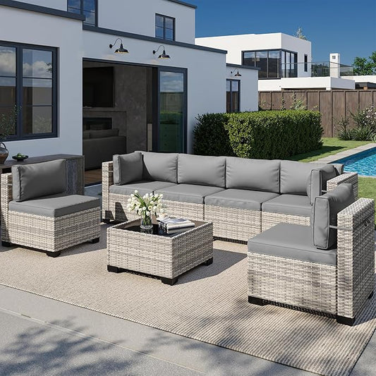 7-Piece Outdoor Patio Furniture Set, PE Wicker Rattan Sectional Sofa Conversation Set with Tempered Glass Table & Thick Cushions - All-Weather Garden, Backyard Furniture, Grey