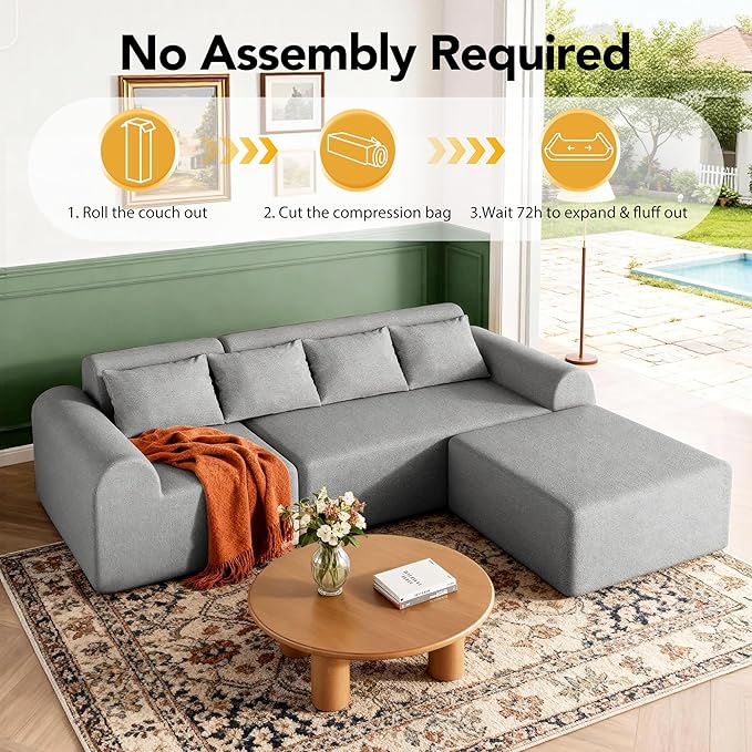 105.5” Cloud Modular Sectional Sofa, No Assembly Deep Seat L-Shaped Chenille Couch with Ottoman & 4 Pillows, 4-Seater for Living Room, Light Grey