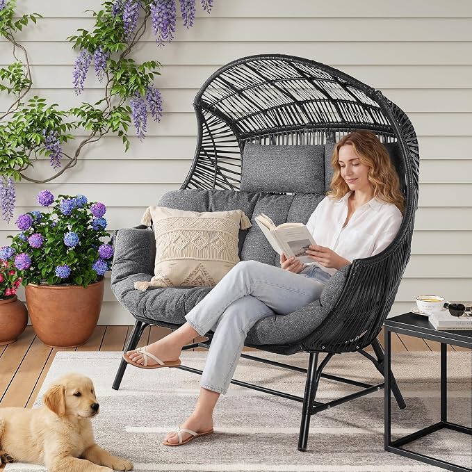IRONCK Egg Chair Outdoor, Double Wicker Egg Lounge Chair, Upgraded Feet, Handrest and Padded Cushion, 700Lbs, Oversized Loveseat for Backyard, Patio, Living Room, Gray - Image 6