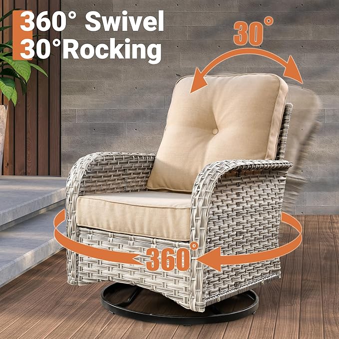 ovios 6 Piece Patio Sectional Furniture with Swivel Rocking Chairs, Rattan Wicker Coversation Set with Glowing Coffee Table, Outdoor Sofa Set for Outside Porch Balcony Backyard Pool, Beige