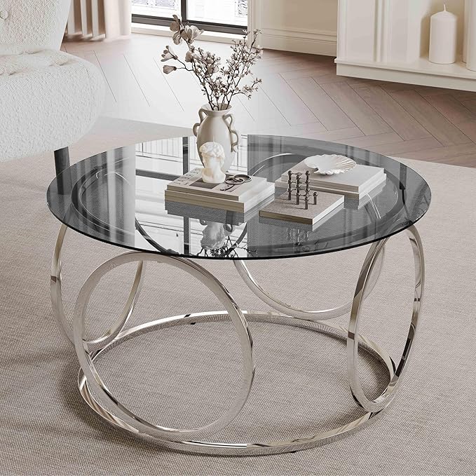 32" Tempered Glass Round Coffee Table Modern Chrome Frame Ring Base Single-Layer Circle Living Room Center Tables