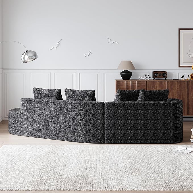 112" Modern Cloud Sectional Sofa, Chenille 4-Seater Curved Couch with 4 Pillows, Extra Deep & Wide Seat, No-Assembly Compressed Upholstered Living Room Sofa for Bedroom,Apartment,Black Left