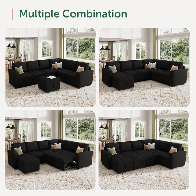 HONBAY Modular Sectional Sleeper Sofa with Pull Out Bed, Velvet Convertible L Shaped Couch with Storage Seat, Sectional Couches for Living Room, Black