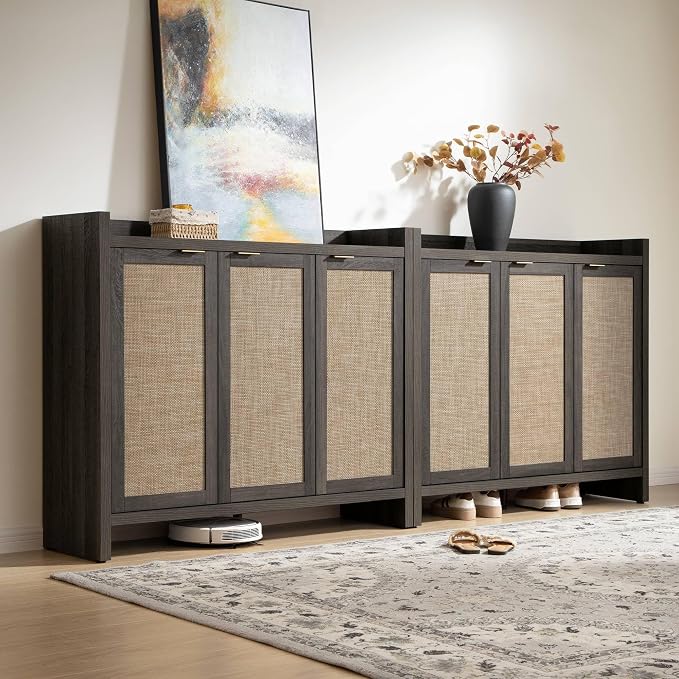 SICOTAS Shoe Storage Cabinet Set of 2, Large Tall Shoe Cabinet, Rattan Shoe Cabinet Storage for Entryway, Farmhouse Cabinet with Doors and Adjustable Shelves for Entryway Hallway, Black Oak by SICOTAS