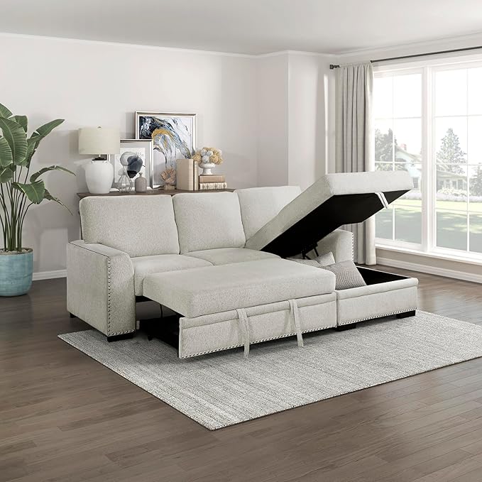 Lexicon Mid Century Modern Sectional Sleeper Sofa Bed Couch with Storage Chaise, Sectional Sofa Pull Out Couch Bed, Sectional Couch Lounge Sofa for Living Room Apartment, Right Side Chaise, Beige