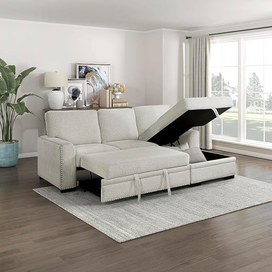Lexicon Mid Century Modern Sectional Sleeper Sofa Bed Couch with Storage Chaise, Sectional Sofa Pull Out Couch Bed, Sectional Couch Lounge Sofa for Living Room Apartment, Right Side Chaise, Beige