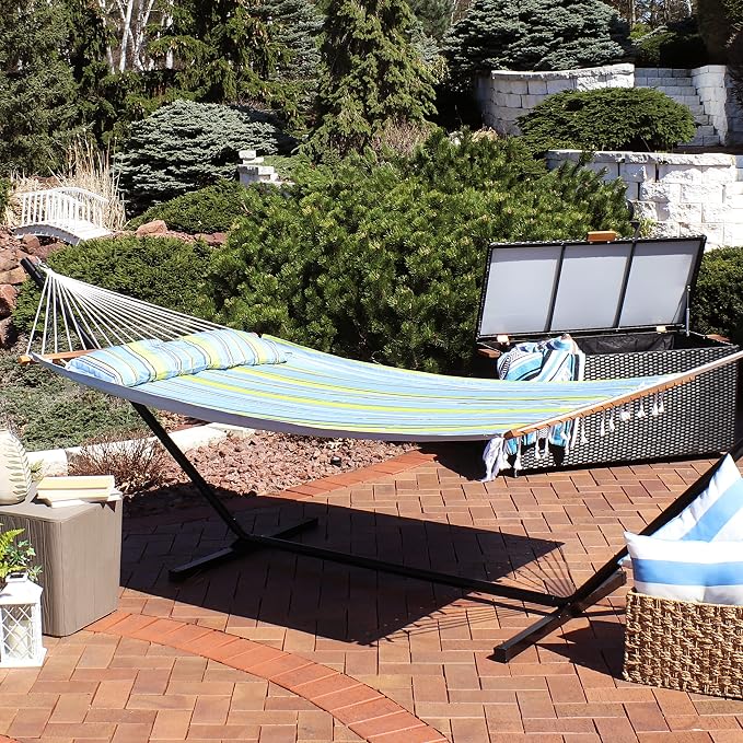 Sunnydaze Quilted Double Hammock for Outside with Spreader Bars and Pillow - 450 lb Capacity, 74x55 Inch Bed, UV Resistant, Quick Dry - Chains Included, Stand Sold Separately - Blue & Green - Image 9
