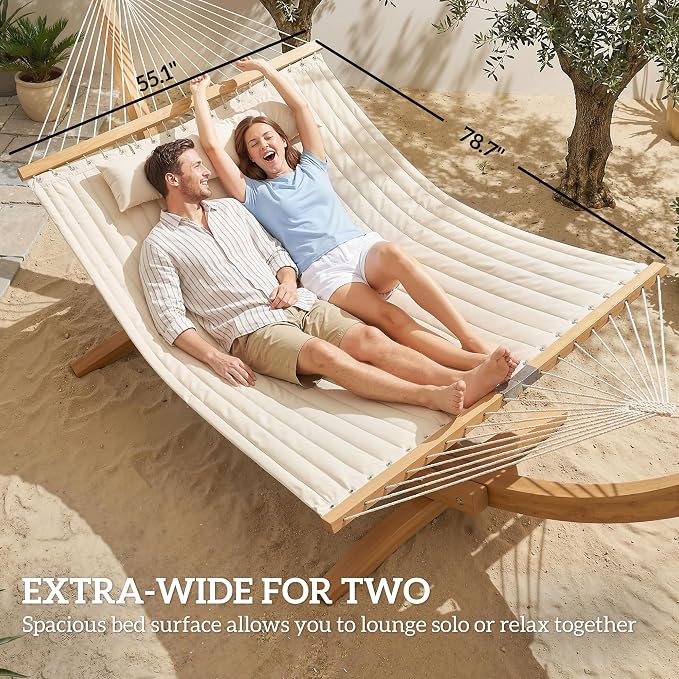 Outsunny Outdoor Hammock, 2-Person Hammock with Head Pillow and Pad, Wood Spreader Bars, 440 lbs Capacity, for Patio Yard Garden, 128" x 55", Cream White - Image 4
