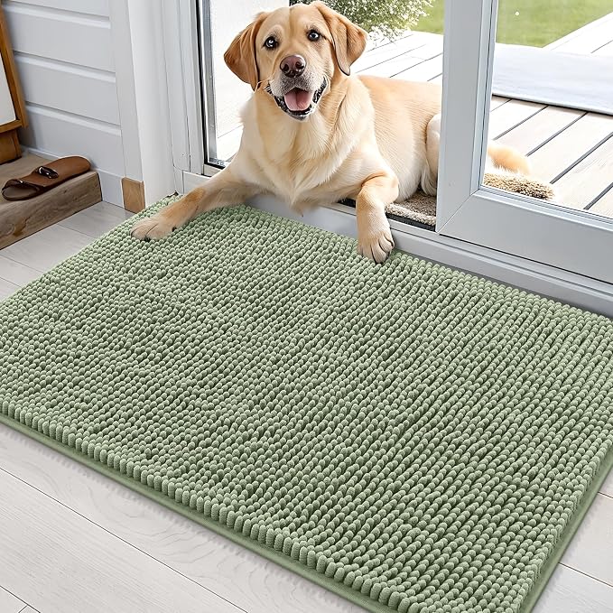 OLANLY Dog Door Mat for Muddy Paws 36x24, Absorbs Moisture and Dirt, Absorbent Non-Slip Washable Doormat, Quick Dry Chenille Mud Mat for Dogs, Entry Indoor Entryway Carpet for Inside Floor, Sage Green by OLANLY
