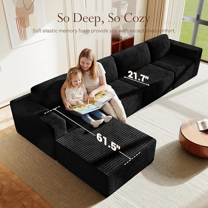 Vesgantti 159" Large Modular Sectional Sofa, L-Shaped Corduroy Cloud Couch with Deep Seats & Spring Support, 4-Seater Boneless Sofa with Movable Ottoman, No Assembly Needed, Black