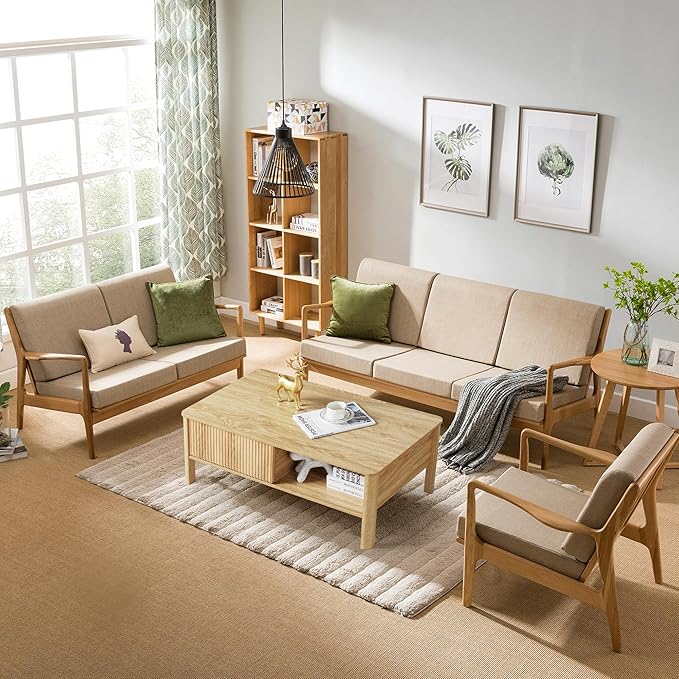 Mid-Century Modern Rectangular Wood Coffee Table with Dual Storage Shelf, Storage Center Coffee Tables with Waveform Panel Sliding Door Dining Table for Living Room Apartment(Natural)