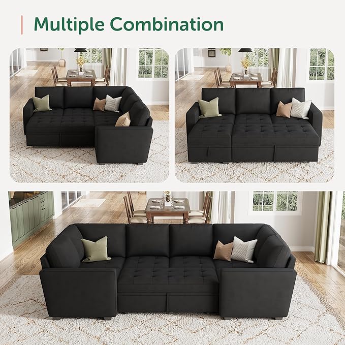 HONBAY Modular Sectional Sleeper Sofa with Pull Out Bed, Ottoman for Sectional Couch, Black