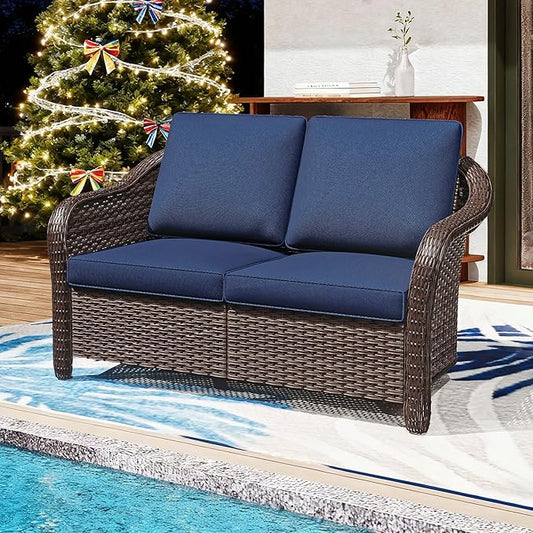 55" Outdoor Loveseat Wicker 2-seat Sofa with Removable Cushions, Conversation Patio Furniture, PE Rattan Couch, Steel Frame Couch with Cushions for Backyard, Deck (Navy Blue)