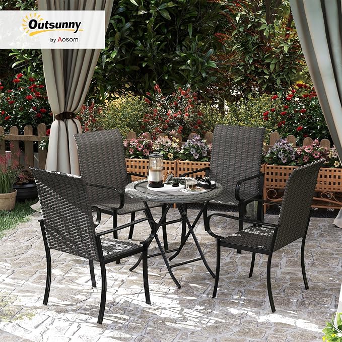 Outsunny Set of 4 Outdoor Wicker Dining Chairs, All-Weather Rattan Armchairs with Armrests, Steel Frame, Highback and Deep Seating, for Garden, Patio, Deck, Yard, Poolside, Brown - Image 2