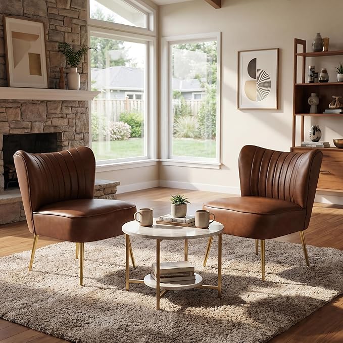 DUOMAY Modern Accent Chair Set of 2 PU Leather Slipper Chair Wingback Side Chair for Living Room Bedroom Entryway Small Corner Chair for Space Saving, Brown