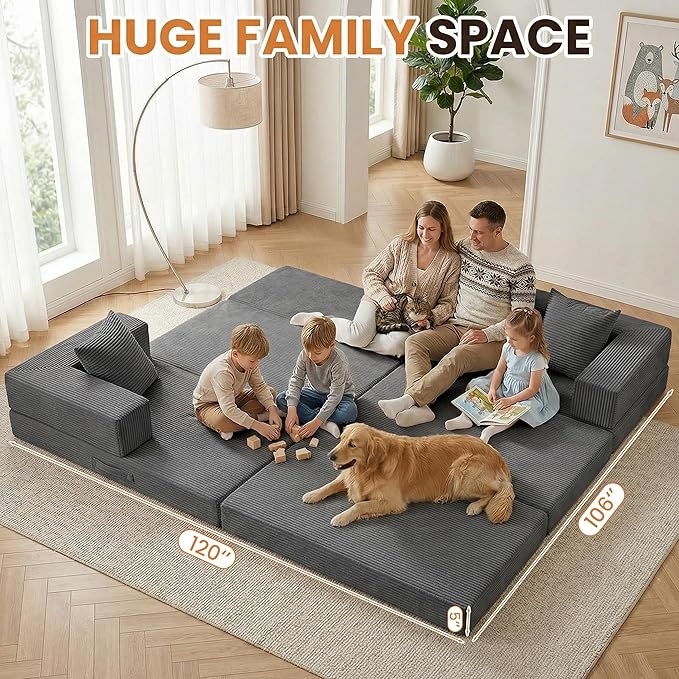 Modular Sectional Sofa, Boneless Convertible Oversized Sleeper Sofa Bed, Modern Tri-Folding Cloud Couch with L-Shape Chaise, Corduroy Futon Couches for Living Room Small Spaces Apartment,No Assembly
