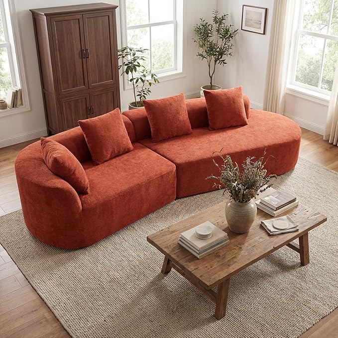Merax 2-Piece 116" L-Shaped Modular Sectional Sofa Set, 4 Seat Fully Assembled Curved Upholstery Couch with High-Density Compressed Sponge, Chaise Lounge & 4 Pillows for Living Room, Orange