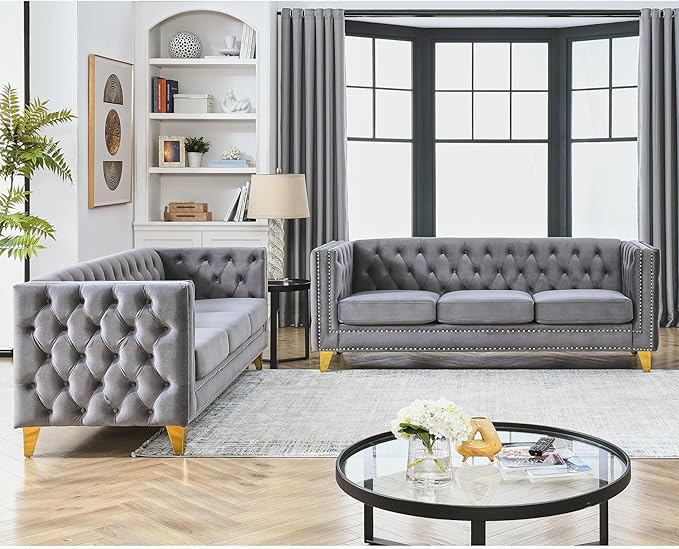 KEIKI Tufted Velvet 3+3 Seat Sofa Couch for Living Room, Buttons Tufted Square Arm Couch for Home Apartment, Gray