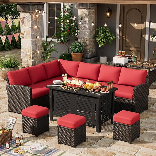 U-MAX 7 Pieces Patio Furniture Set with 43" Fire Pit Table, Outdoor Sectional Sofa Conversation Set, All Weather Wicker Rattan Dining Table & Chair with Ottoman, Brown Rattan&Red Cushion