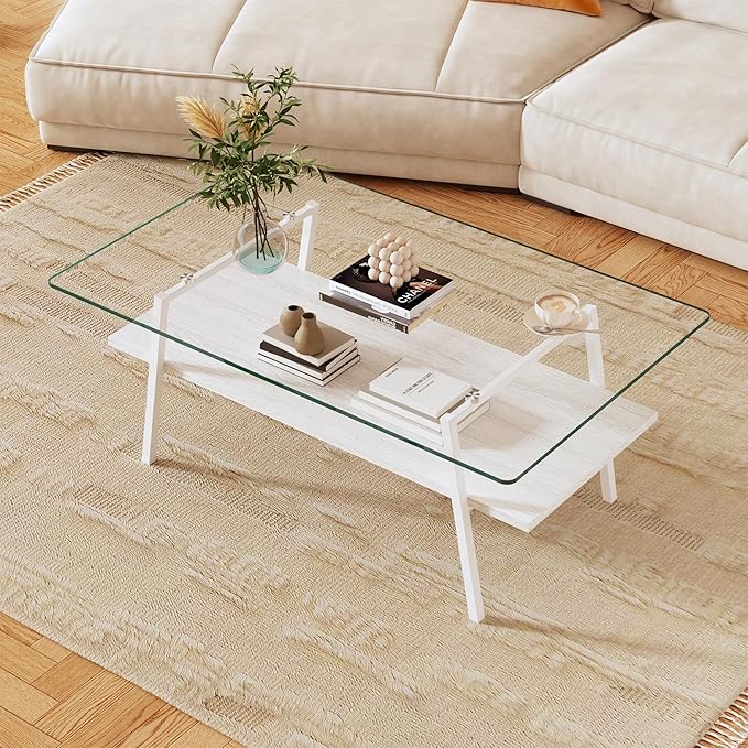 IANIYA Glass Coffee Table for Living Room Small Gold Mid Century Coffee Table for Living Room with Wood Shelves (White Frame, Transparent Glass + White Wood)