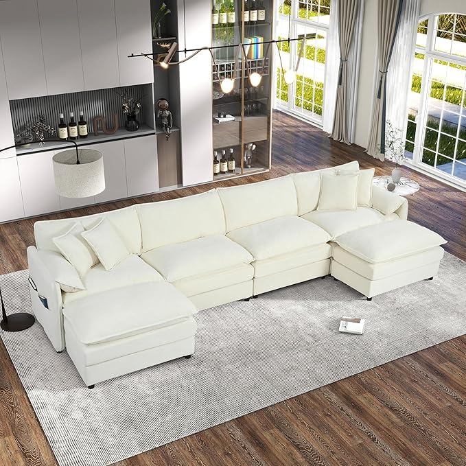 143-Inch U-Shaped Sectional Cloud Sofa Oversized Modular 6 Seaters Sofa Couch with 2 Ottoman Chaise and Pillow Armrest, Chenille Upholstered Convertible Cloud Couch