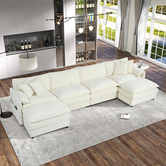 143-Inch U-Shaped Sectional Cloud Sofa Oversized Modular 6 Seaters Sofa Couch with 2 Ottoman Chaise and Pillow Armrest, Chenille Upholstered Convertible Cloud Couch