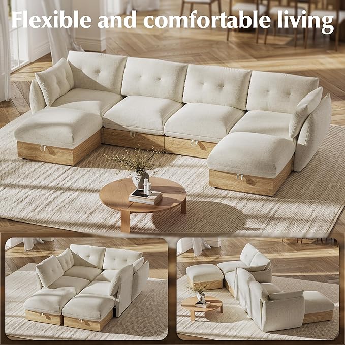 126" 4-Seater Cloud Couch Sectional Modular Sofa with Storage, Cotton and Linen Fabrics Modern Oversized Deep Seat Sofa with Armrest Pillow, Easy Assembly for Living Room, Apartment, Ivory