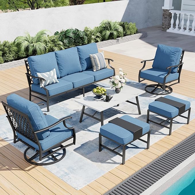 6 Piece Metal Outdoor Patio Furniture Set, Patio Conversation Sets 1 3-seater Sofa, 2 Swivel Chair, 2 Ottomans with 5.75" Thick Cushion and Coffee Table, Black Backyard Furniture, Navy