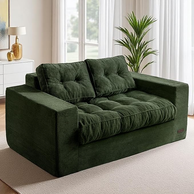 MAXYOYO Loveseat Sofa Couch, Upholstered Bean Bag Chair Cloud 2-Seat for Adults, Boneless Couch with Tufted Cushion & Pillows, Sofa in A Box, No Assembly Required, Dark Green